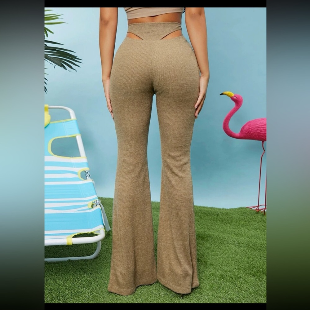 Cutout Detail Flare Leg Pants- mocha brown- more of a tan color
